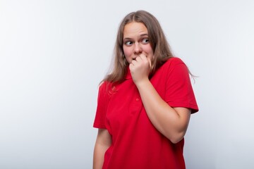 Fototapeta premium Headshot portrait of European teenage girl with surprise and shock