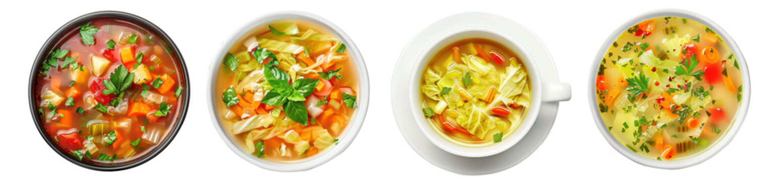 Collection of bowls with cabbage soup and vegetables, cut out, isolated on transparent background, top view. 