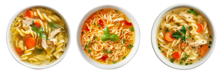 Collection of bowls with chicken noodle soup, cut out, isolated on transparent background, top view.