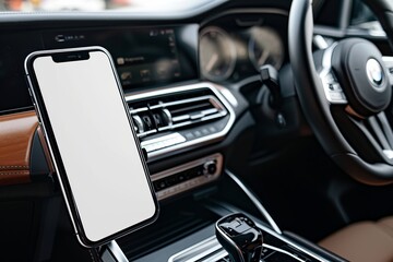 Modern car interior with smartphone holder and blank phone screen. Concept of mobile technology in vehicles. Sleek, contemporary design for promotional use. Generative AI