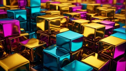 abstract background with cubes in vivid shades of magenta, turquoise, and gold for a dynamic design. - Powered by Adobe