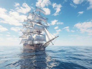 Obraz premium A large sailing ship with white sails on the ocean,