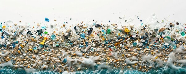 Ocean shoreline covered in plastic waste and debris, with a focus on environmental pollution, white background for copy space
