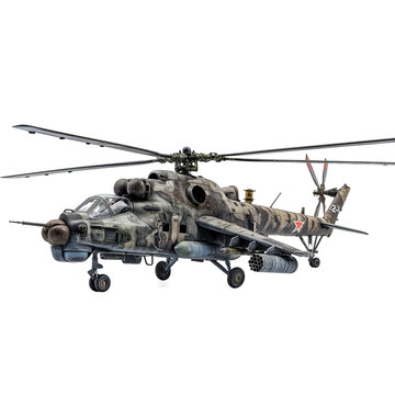 Mil Mi-24 Hind isolated on transparent png background. A grey and white helicopter with red and black markings