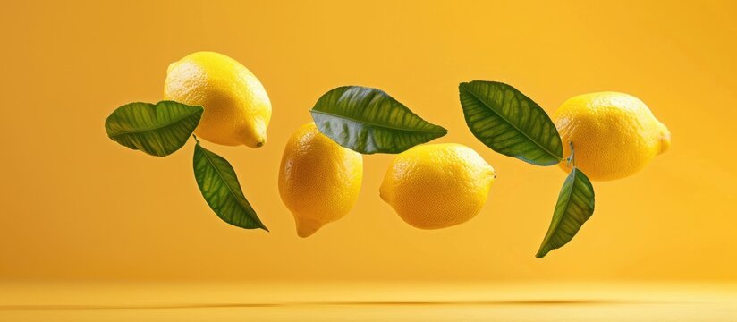 Fresh lemons with green leaves floating in the air against a vibrant yellow background, showcasing a concept of food levitation or zero gravity. High-quality image.