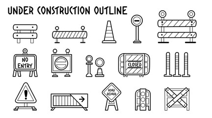 Under construction outline icons set, variety of symbols for construction and roadworks, simple line art style, vector and illustration.