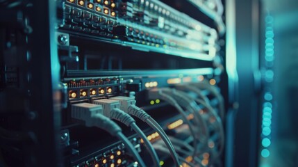 Network hardware. Telecommunication technologies. Server room. Modem with fiber optic cables. Router in server room. Hosting equipment. Internet communications. Server technologies