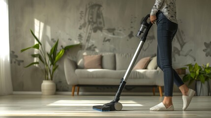 Fototapeta premium Side view of crop faceless housewife in casual outfit and slippers cleaning laminate floor with modern upright vacuum cleaner in minimalist light apartment