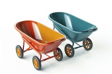Two colorful wheelbarrows on a white background. One is red and the other is green. Ideal for garden projects or construction work. A modern and minimal image for varied purposes. Generative AI