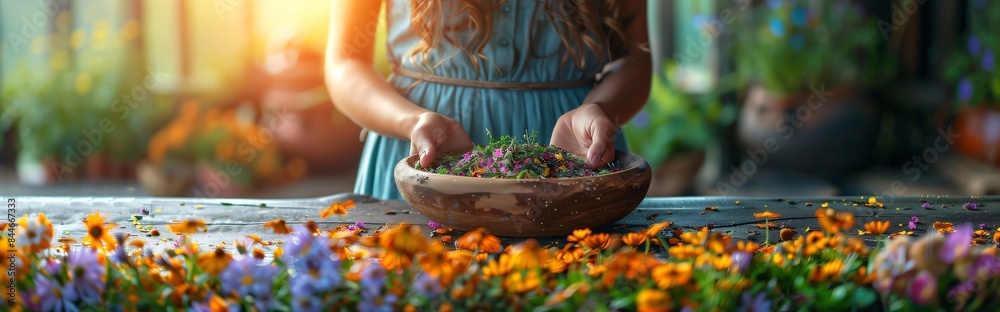 Wall mural Woman carefully prepares a mixture of vibrant herbs and blooming flowers in a rustic bowl for a natural remedy or aromatherapy session. Surrounded by nature. Soaking up summer sunlight; panoramic 