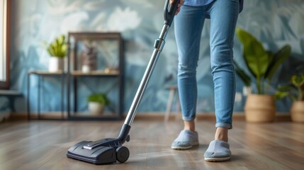 Fototapeta premium Side view of crop faceless housewife in casual outfit and slippers cleaning laminate floor with modern upright vacuum cleaner in minimalist light apartment