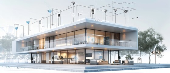 illustrating the layout of the building, including its exterior and interior features. Highlight the architectural design elements that contribute to its modern aesthetic