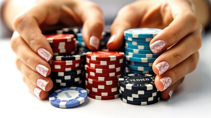 Naklejka premium Poker player s hands with chips and aces, capturing the essence of the game, isolated white background