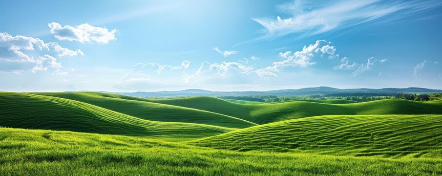 Panoramic view of rolling green hills under a clear blue sky, creating a peaceful and serene landscape, isolated with copy space