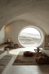 Modern minimalist scandinavian style interior of a modern small underground house with typical Hungarian lowland landscape in the background