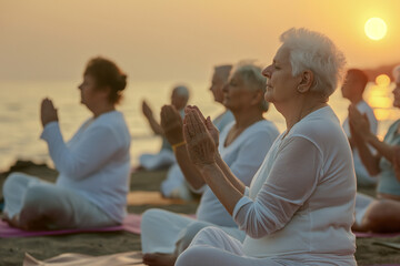 group of seniors practicing yoga on a beach at sunrise - Powered by Adobe