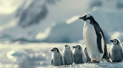 Obraz premium Penguins in the Arctic searching Nord for their offspring