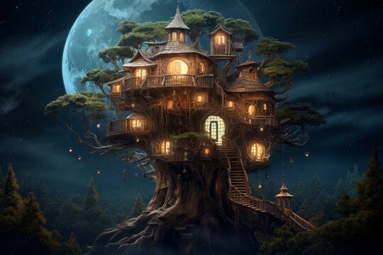 Majestic treehouse nestled in an ancient tree against a full moon backdrop