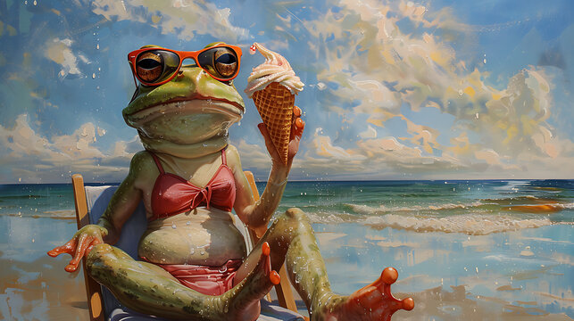 A female laughing frog, sporting sunglasses and a pink bikini, lounges on a beach chair, holding a waffle topped with a scoop of ice cream.