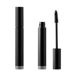 Obraz premium blank mascara brush on White Background, black Lip Gloss, Lipstick Package Set