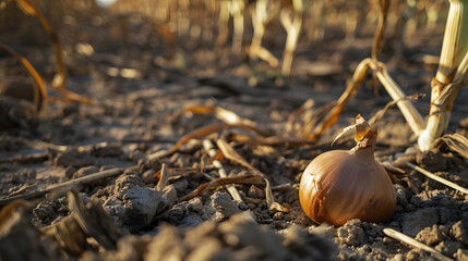Fototapeta premium onions on a field in Oldebroek which are dryed out due to dry summer 