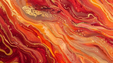 Obraz premium Luxurious abstract art featuring fluid organic shapes in red, orange, and gold with glitter accents