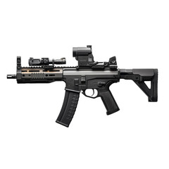 modern assault rifle isolated on transparent png background. A black and tan semi automatic rifle with a scope