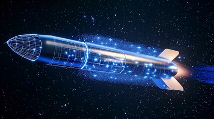 A rocket emerging from digital particles and glowing blue energy, flying through space with stars in the background, symbolizing innovation and business growth