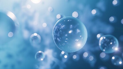 A calming and ethereal backdrop, featuring a soft gradient of blues transitioning from a deep indigo to a light sky blue. Floating orbs of varying sizes, each emitting a gentle, luminous glow, create