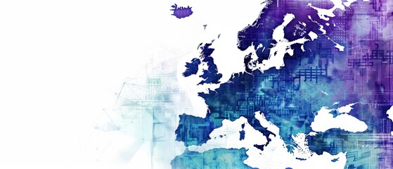 Obraz premium map of Europe and data, business modern technology, mechanical designs, blue violet, double exposure, white background