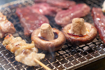 日本の一般的なバーベキューの調理風景。シイタケ、焼き鳥、牛肉。