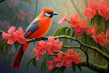 Colorful bird perched on a branch amidst vibrant pink blossoms against a misty backdrop