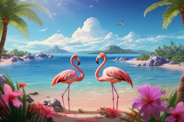 Vibrant image of two flamingos by the water on a stunning tropical beach with palm trees