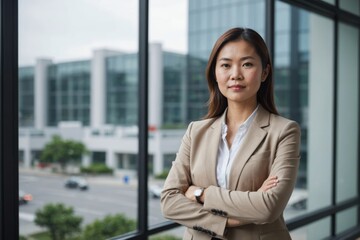 Portrait of confident asian Businesswoman with arms crossed standing against window outside office