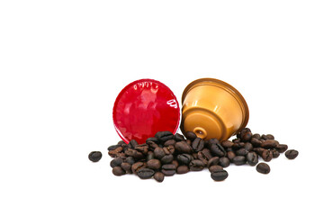 coffee capsules isolated on white background, Closeup view with details, banner