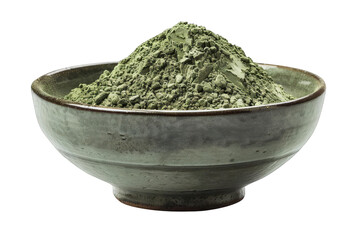 Ceramic bowl filled with matcha green tea powder, isolated on white background, showcasing its rich texture and vibrant green color.
