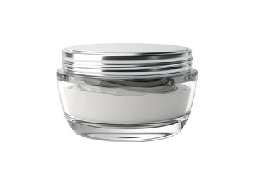 Clear glass jar with silver lid containing white cosmetic cream, isolated on white background. Perfect for skincare and beauty product branding.