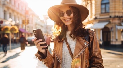 Young woman enjoying a sunny day on the city street, using her smartphone and smiling