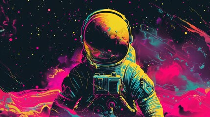 Astronaut Exploring Vibrant Cosmic Landscape: A Surreal Pop Art.