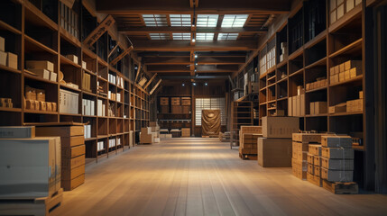 Wooden Japanese warehouse filled with goods. Background image. Created with Generative AI technology.