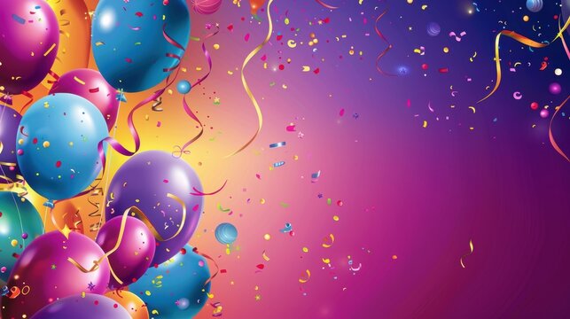 Lively party invitation with vibrant colors and decorations, featuring balloons, confetti, and streamers, providing ample space for personalized messages and event details