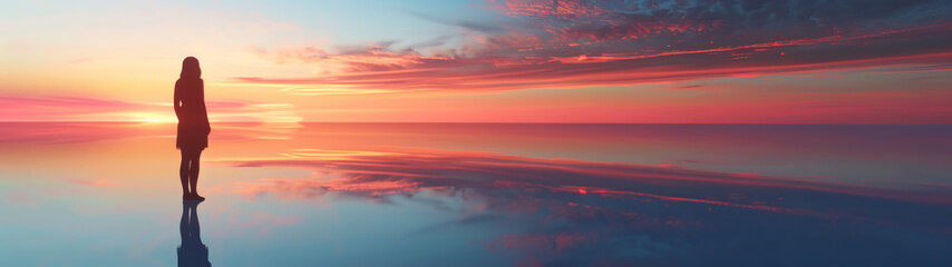 Obraz premium Contemplative woman looking at horizon, Minimalist aesthetic