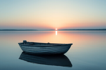 solitary boat on a calm empty lake at sunset an ultra realistic scene