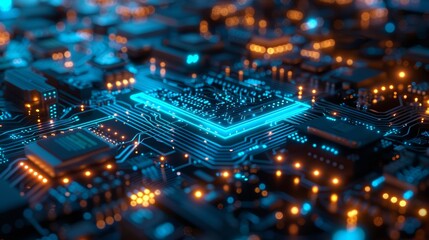 Obraz premium CPU Neon Flow, A Futuristic Representation of Advanced Technology with blue and silver Data Flowing Across a Microchip and Motherboard