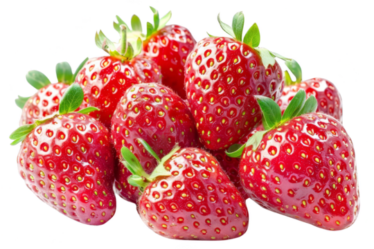 Fresh, ripe strawberries with vibrant red color and green leaves, showcasing the delicious and healthy fruit in a close-up view.