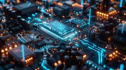 CPU Neon Flow, A Futuristic Representation of Advanced Technology with blue and silver Data Flowing Across a Microchip and Motherboard