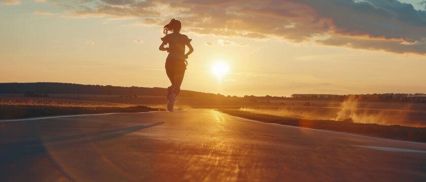 Athlete woman running towards 2024, representing new year goals and plans at sunset