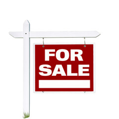 Red and white 'For Sale' sign on a white post indicating property is available for purchase or rent.