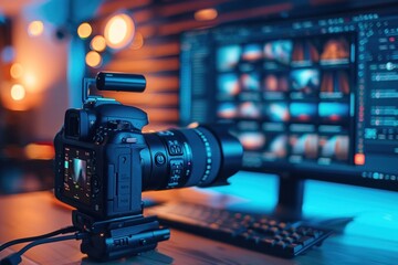 Modern digital camera shooting tethered to computer in home studio