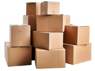 Stack of various sized cardboard boxes on a white background, ideal for shipping, moving, or storage concepts.